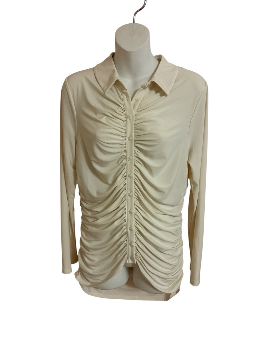 Express Cream Ruched Button-Front Long Sleeve Shirt